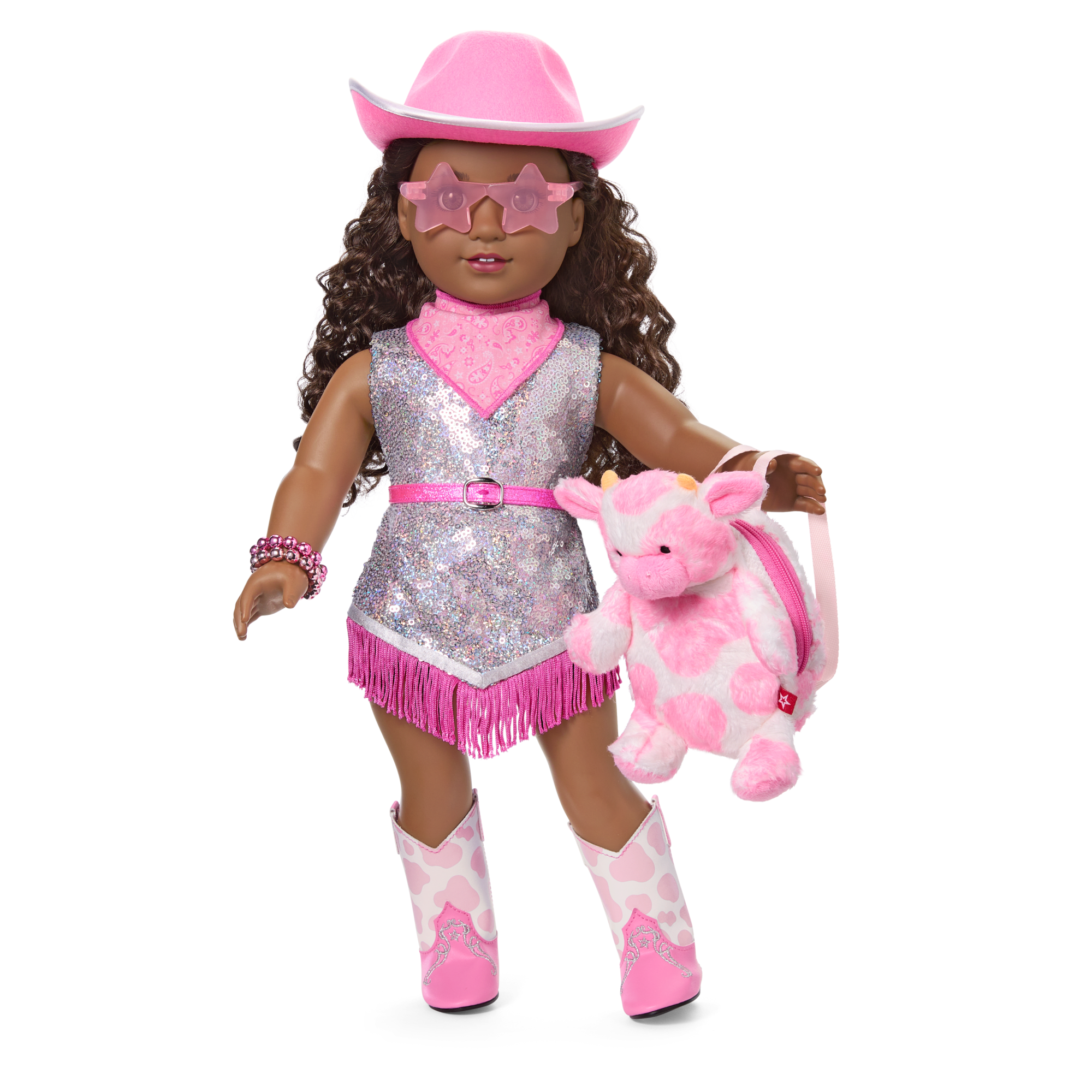 Glam Pink Cowgirl Outfit & Pink Spotted Cow Backpack & Accessory Set Bundle