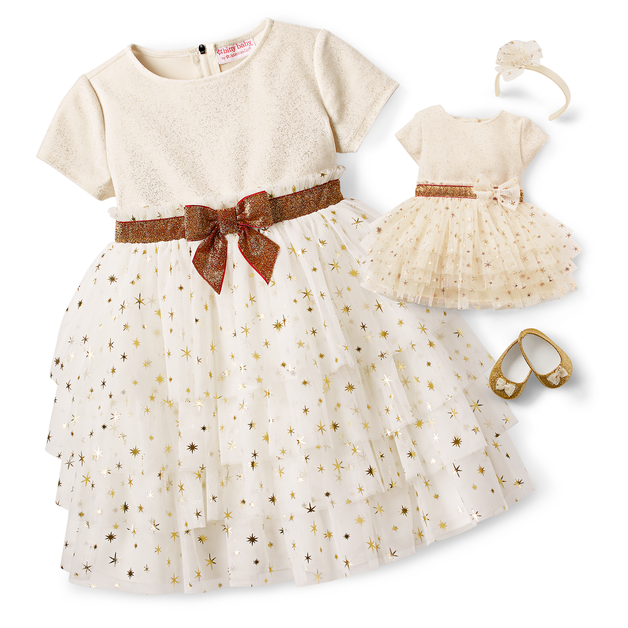 Golden Twinkle Dress For Little Girls & Bitty Baby Dolls - Image 2